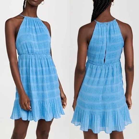 Rebecca Taylor Pleated Voile Short Dress Size Large Cerulean Blue Halter New NWT - Picture 9 of 13